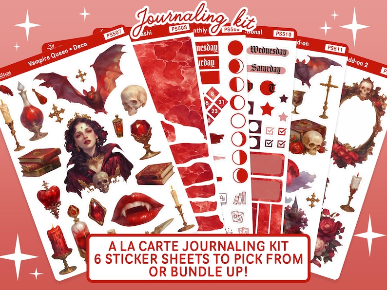 May include: Six sticker sheets for journaling, featuring a vampire queen theme. The sheets include a variety of stickers, including a vampire queen, bats, hearts, and other gothic elements. The sheets are designed to be used for journaling, scrapbooking, or other creative projects.