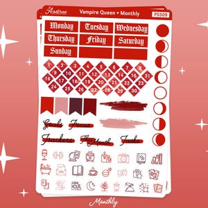 May include: A set of red and white planner stickers with a vampire queen theme. The stickers include a calendar grid, days of the week, moon phases, and various icons such as a cauldron, a book, and a wine glass. The text "Vampire Queen - Monthly" and "PS509" are printed on the stickers.