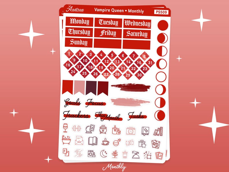 May include: A set of red and white planner stickers with a vampire queen theme. The stickers include a calendar grid, days of the week, moon phases, and various icons such as a cauldron, a book, and a wine glass. The text "Vampire Queen - Monthly" and "PS509" are printed on the stickers.