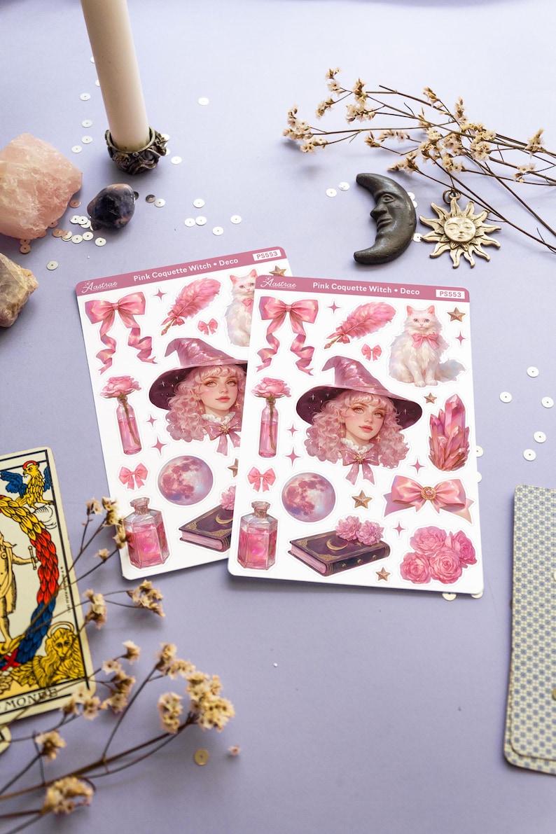 May include: Two sheets of pink and white stickers featuring a pink-haired witch with a white cat, a pink feather, a pink bow, a moon, a book, a bottle, and a crystal. The stickers are labeled "Pink Coquette Witch + Deco" and "P5553".