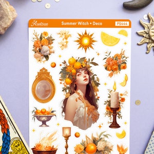May include: A sheet of stickers featuring a summer witch theme. The stickers include a woman with a crown of oranges, a sun, a lemon, a candle, a bowl of oranges, and a fire bowl. The stickers are on a white background with the text "Summer Witch &bull; Deco" and "PS444".