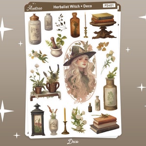 K&ouml;nnte beinhalten: Ein Set digitaler Sticker mit einer Hexe mit spitzen Hut, M&ouml;rser und St&ouml;&szlig;el, Gl&auml;sern, B&uuml;chern und anderen botanischen Elementen. Die Sticker sind im skurrilen Stil mit Vintage-&Auml;sthetik. Der Text "Herbalist Witch Deco" und "PS401" ist im Bild sichtbar.