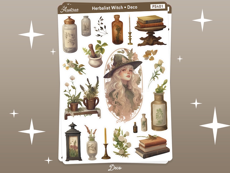 K&ouml;nnte beinhalten: Ein Set digitaler Sticker mit einer Hexe mit spitzen Hut, M&ouml;rser und St&ouml;&szlig;el, Gl&auml;sern, B&uuml;chern und anderen botanischen Elementen. Die Sticker sind im skurrilen Stil mit Vintage-&Auml;sthetik. Der Text "Herbalist Witch Deco" und "PS401" ist im Bild sichtbar.