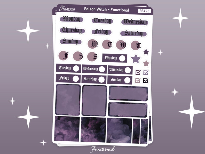 K&ouml;nnte beinhalten: Ein Blatt mit violetten und schwarzen Planer-Stickern mit Hexen-Thema. Die Sticker beinhalten Wochentage, ein Kalenderrraster und eine Checkliste. Der Text "Poison Witch. Functional" befindet sich oben auf dem Blatt.