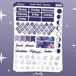 May include: A set of printable planner stickers with a cosmic witch theme. The stickers include a calendar, days of the week, moon phases, and icons for goals, focus, trackers, this month, tasks, and more.