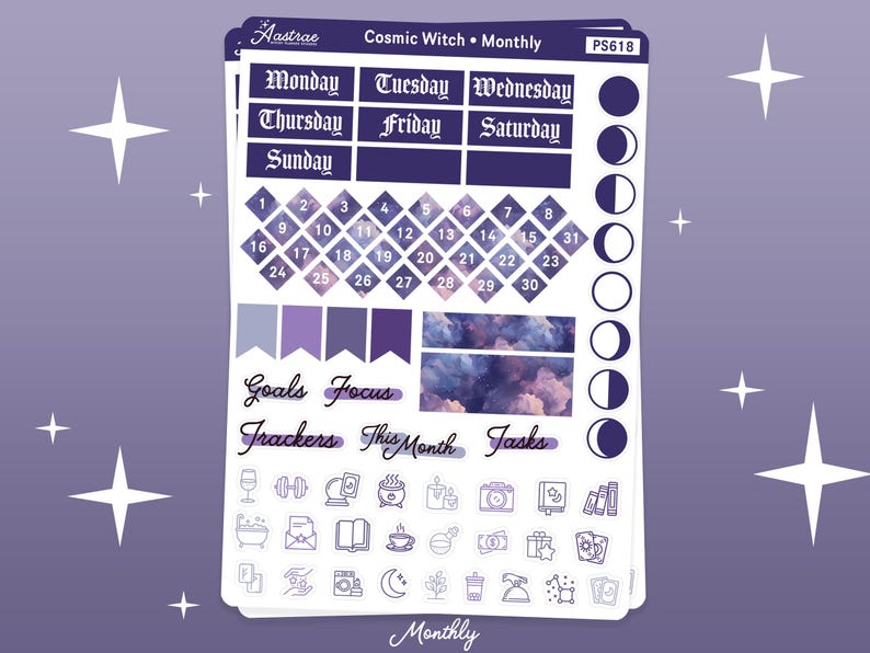 May include: A set of printable planner stickers with a cosmic witch theme. The stickers include a calendar, days of the week, moon phases, and icons for goals, focus, trackers, this month, tasks, and more.
