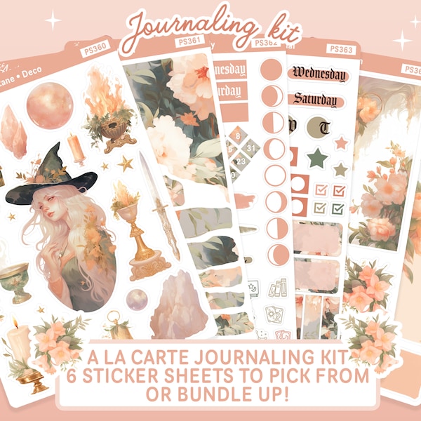 Beltane Journaling Sticker Kit, Pagan Witch Planner Sticker Journal Kit, A la carte Sticker Sheets, Peach and Sage Spring Junk Journal Bujo