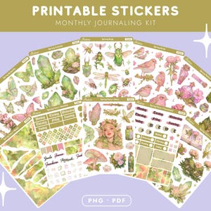 May include: Printable stickers for monthly journaling, featuring watercolour illustrations of crystals, butterflies, birds, and insects. The stickers are in shades of green, pink, and gold, with the text "Printable Stickers" and "Monthly Journaling Kit".