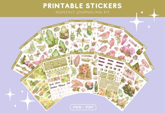 Spring Fairy Bullet Journal Stickers Printable, Cottagecore Planner Kit PNG PDF, Cricut Silhouette Sticker Sheets