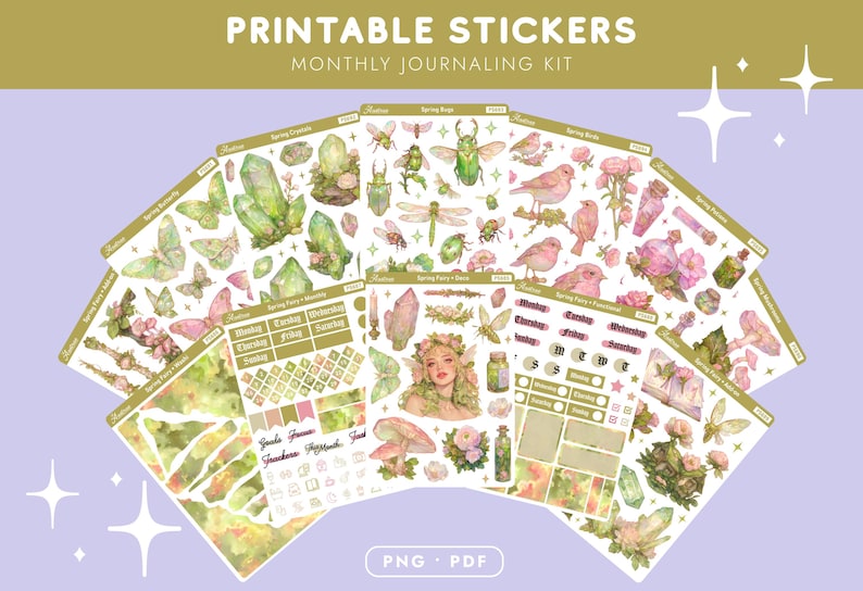 May include: Printable stickers for monthly journaling, featuring watercolour illustrations of crystals, butterflies, birds, and insects. The stickers are in shades of green, pink, and gold, with the text "Printable Stickers" and "Monthly Journaling Kit".