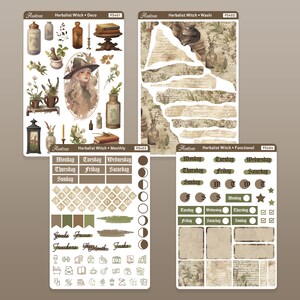 K&ouml;nnte beinhalten: Ein Set Planer-Sticker mit einem Hexen-Thema mit Illustrationen von Kr&auml;utern, Flaschen und einer Hexe. Die Sticker beinhalten einen Monatskalender, funktionale Sticker und dekorative Elemente. Die Sticker sind auf wei&szlig;em Hintergrund mit braunen und gr&uuml;nen Akzenten gedruckt.