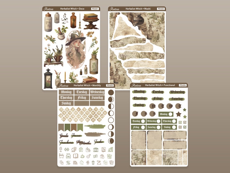 K&ouml;nnte beinhalten: Ein Set Planer-Sticker mit einem Hexen-Thema mit Illustrationen von Kr&auml;utern, Flaschen und einer Hexe. Die Sticker beinhalten einen Monatskalender, funktionale Sticker und dekorative Elemente. Die Sticker sind auf wei&szlig;em Hintergrund mit braunen und gr&uuml;nen Akzenten gedruckt.