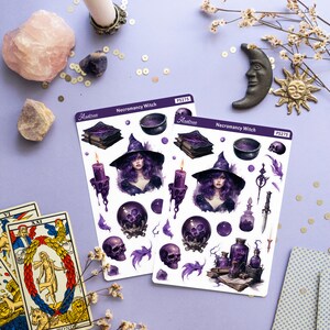 May include: Two sheets of stickers featuring a purple and black illustration of a witch with a cauldron, books, skulls, candles, and potion bottles. The stickers are labelled "Necromancy Witch" and "Astrae" with the product number "PS275".