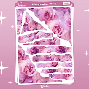 May include: A sheet of pink and purple floral washi tape with a torn edge design. The tape features a repeating pattern of pink roses. The sheet is labeled "Romantic Witch + Washi PS280".