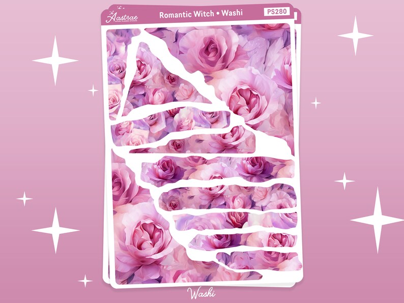 May include: A sheet of pink and purple floral washi tape with a torn edge design. The tape features a repeating pattern of pink roses. The sheet is labeled "Romantic Witch + Washi PS280".