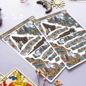 May include: A sheet of decorative stickers featuring a repeating pattern of owls and other birds in shades of brown, blue, and white. The stickers are designed to be cut out and used for journaling, scrapbooking, or other craft projects. The text "Owls + Washi" and "Aastrae" are visible on the stickers.