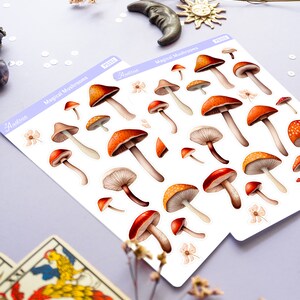 Peut inclure: Une feuille d'autocollants illustrant des champignons rouges et orange avec des points blancs. Les autocollants sont &eacute;tiquet&eacute;s "Champignons Magiques" et "Aestrea".