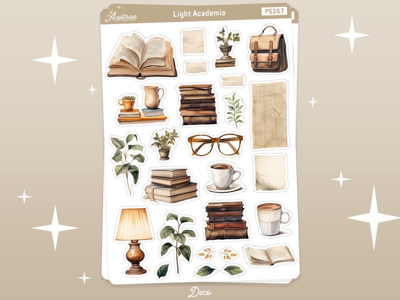 May include: A sticker sheet featuring watercolor illustrations of academia-themed objects. Includes open books, stacks of books, a satchel, glasses, a lamp, coffee cups, and plants. The text "Light Academia" and "PS267" are visible.
