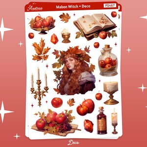 Op de afbeelding: Een set stickers met een heks met rood haar en een kroon van bladeren, een boek, kaarsen, appels en een flesje met een toverdrank. De stickers zijn op een witte achtergrond met de tekst "Mabon Witch - Deco" en "PS467".