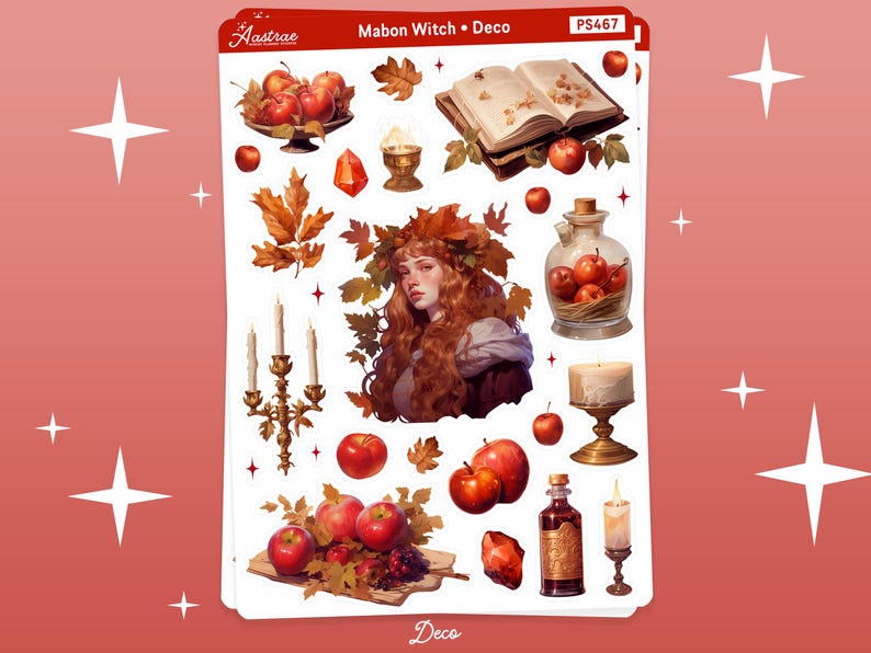 Op de afbeelding: Een set stickers met een heks met rood haar en een kroon van bladeren, een boek, kaarsen, appels en een flesje met een toverdrank. De stickers zijn op een witte achtergrond met de tekst "Mabon Witch - Deco" en "PS467".