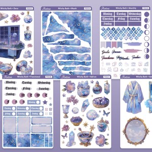 May include: A set of 6 sticker sheets with a witchy bath theme. The stickers feature a bathtub, bottles, crystals, stars, moons, clouds, and other magical elements. The stickers are perfect for decorating planners, journals, and other paper crafts.