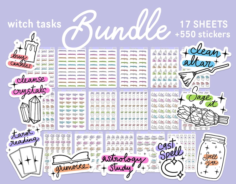 May include: A bundle of 17 printable sticker sheets for a witchy planner or journal. The stickers feature illustrations of candles, crystals, tarot cards, a grimoire, a cauldron, a broom, sage, and a spell jar. The text on the stickers includes "buy candles", "cleanse crystals", "tarot reading", "grimoire", "cast spell", "clean altar", "sage it", and "spell jar".