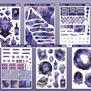 May include: A set of six planner sticker sheets with a cosmic witch theme. The stickers feature a galaxy background in shades of purple, blue, and pink. The stickers include various designs, such as stars, moons, crystals, bottles, and a witch with a butterfly. The stickers are labelled with the titles "Cosmic Witch Deco", "Cosmic Witch Washi", "Cosmic Witch Monthly", "Cosmic Witch Functional", "Cosmic Witch Add-on", and "Cosmic Witch Add-on 2".
