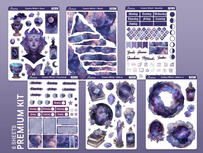 May include: A set of six planner sticker sheets with a cosmic witch theme. The stickers feature a galaxy background in shades of purple, blue, and pink. The stickers include various designs, such as stars, moons, crystals, bottles, and a witch with a butterfly. The stickers are labelled with the titles "Cosmic Witch Deco", "Cosmic Witch Washi", "Cosmic Witch Monthly", "Cosmic Witch Functional", "Cosmic Witch Add-on", and "Cosmic Witch Add-on 2".