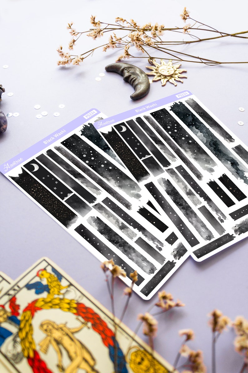 Mystical Washi Tape Stickers, Foglio adesivo Washi celeste nero scuro, Accessori pianificatore esoterico, Adesivi decorativi, Bujo Witch Washi immagine 2