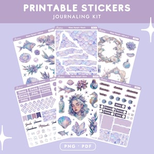Water Nymph Printable Sticker Kit, Mermaid Printable Planner Stickers, Cricut Bullet Journal Deco Stickers (PNG, PDF)