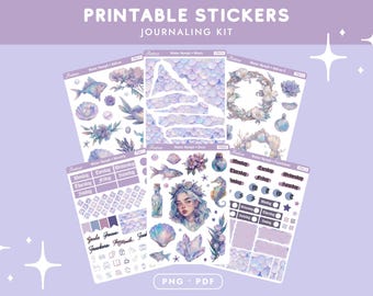 May include: Printable sticker sheets for journaling, featuring watercolor illustrations of fish, mermaid, and aquatic elements in shades of purple and blue. Includes PNG and PDF formats.