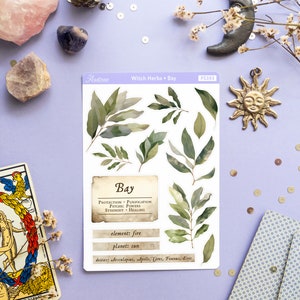 May include: A sheet of stickers featuring watercolor illustrations of bay leaves. The stickers are on a white background with a text box that reads "Bay" and lists the properties of the herb, including protection, purification, psychic powers, strength, and healing. The text box also lists the element, planet, and deities associated with bay.