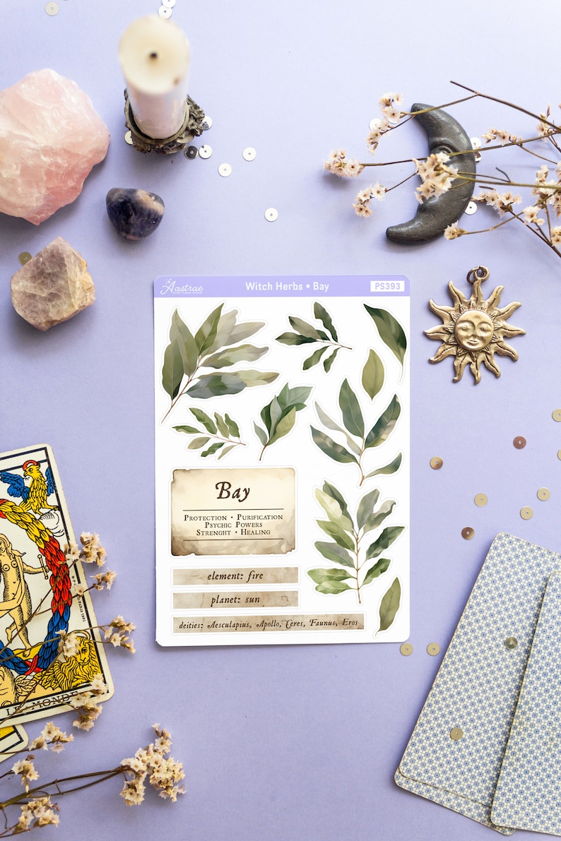 May include: A sheet of stickers featuring watercolor illustrations of bay leaves. The stickers are on a white background with a text box that reads "Bay" and lists the properties of the herb, including protection, purification, psychic powers, strength, and healing. The text box also lists the element, planet, and deities associated with bay.