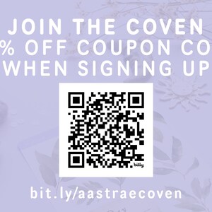 May include: A purple background with white flowers and a black and white QR code. The text "JOIN THE COVEN 35% OFF COUPON CODE WHEN SIGNING UP" is at the top of the image. The text "bit.ly/aastraecoven" is at the bottom of the image.