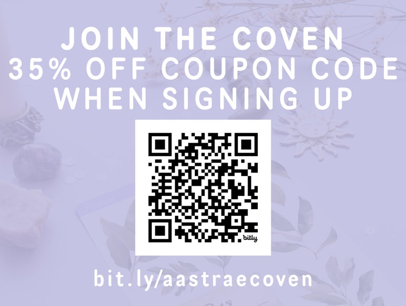 May include: A purple background with white flowers and a black and white QR code. The text "JOIN THE COVEN 35% OFF COUPON CODE WHEN SIGNING UP" is at the top of the image. The text "bit.ly/aastraecoven" is at the bottom of the image.