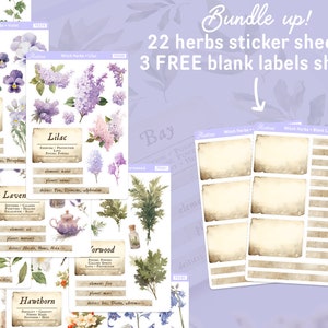 May include: A set of 22 herb sticker sheets and 3 blank label sheets. The sticker sheets feature watercolor illustrations of herbs with their names and properties. The blank label sheets are perfect for labeling jars, bottles, or other containers.