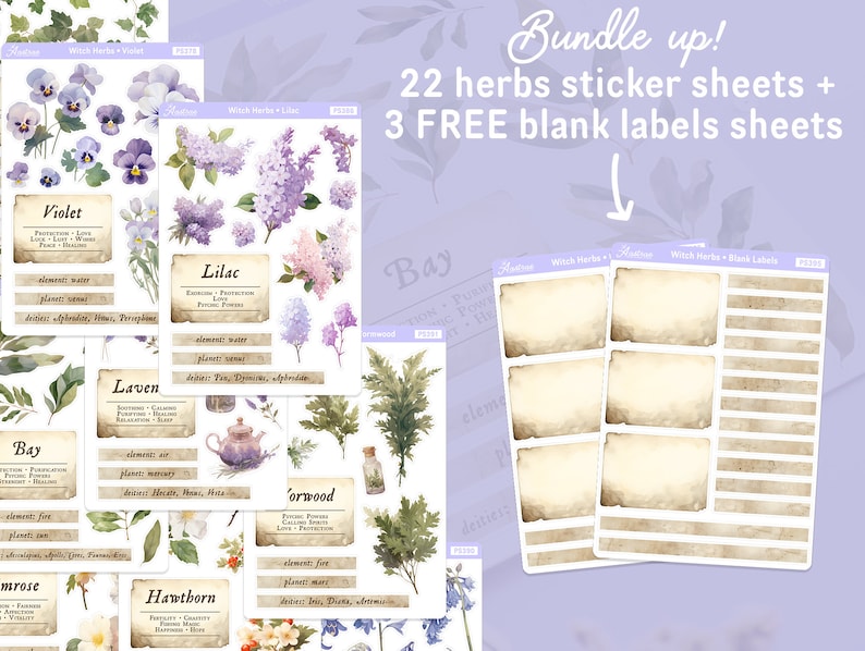 May include: A set of 22 herb sticker sheets and 3 blank label sheets. The sticker sheets feature watercolor illustrations of herbs with their names and properties. The blank label sheets are perfect for labeling jars, bottles, or other containers.
