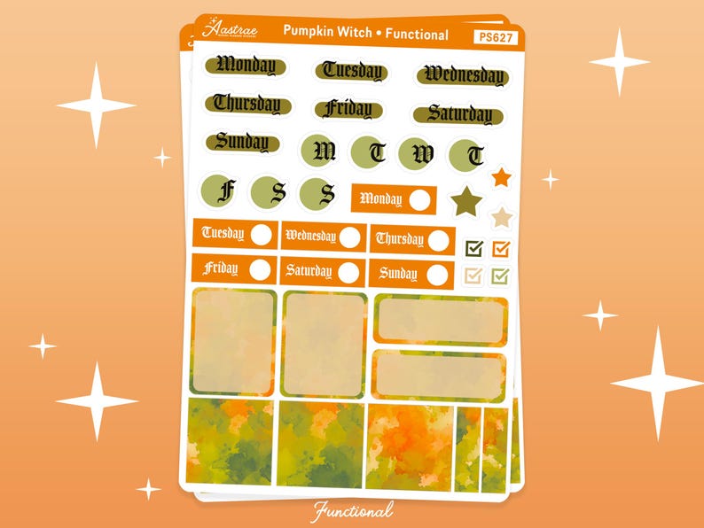 K&ouml;nnte beinhalten: Ein Bogen mit Planer-Aufklebern zum Thema K&uuml;rbishexe. Die Aufkleber enthalten Etiketten f&uuml;r die Wochentage, Kontrollk&auml;stchen und dekorative Elemente in Orange, Gr&uuml;n und Braun. Der Text "Pumpkin Witch Functional" ist sichtbar.
