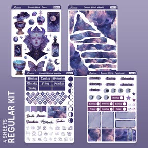 May include: A set of four sticker sheets with a cosmic witch theme. The sheets include decorative stickers, washi tape, a monthly calendar, and functional stickers. The stickers feature a purple and blue colour scheme with a starry night sky background.