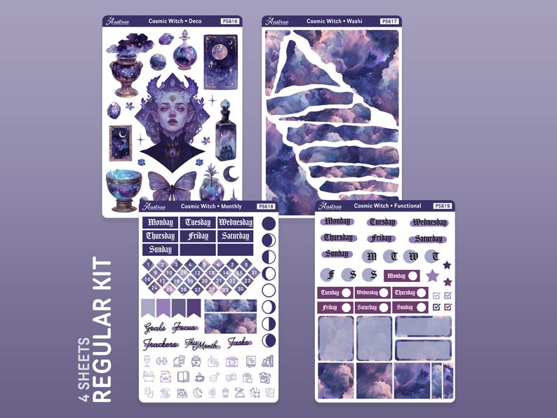 May include: A set of four sticker sheets with a cosmic witch theme. The sheets include decorative stickers, washi tape, a monthly calendar, and functional stickers. The stickers feature a purple and blue colour scheme with a starry night sky background.