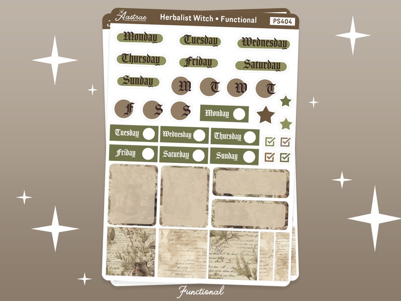 K&ouml;nnte beinhalten: Eine Planer-Sticker-Tabelle mit Vintage-&Auml;sthetik. Die Sticker zeigen Wochentage, Kontrollk&auml;stchen und dekorative Elemente in Braun- und Gr&uuml;nt&ouml;nen. Der Text "Herbalist Witch. Functional" und "PS404" ist auf dem Blatt gedruckt.