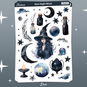 May include: A set of 12 dark blue and black witch-themed stickers featuring a witch, moons, stars, bottles, a cauldron, and a crystal ball. The stickers are on a white background and have the text "Dark Night Witch" and "Deco" printed on them.