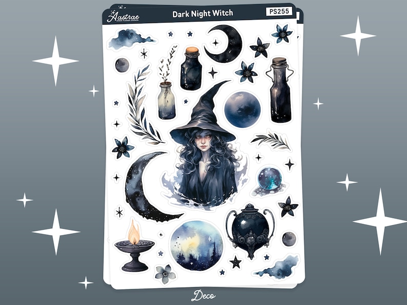 May include: A set of 12 dark blue and black witch-themed stickers featuring a witch, moons, stars, bottles, a cauldron, and a crystal ball. The stickers are on a white background and have the text "Dark Night Witch" and "Deco" printed on them.