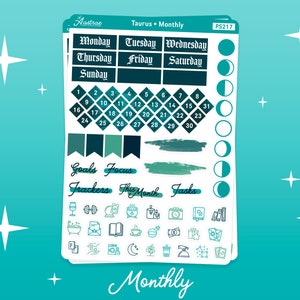 May include: A set of teal and green planner stickers with a monthly calendar, days of the week, and various icons. The stickers are designed for use in a planner or journal.