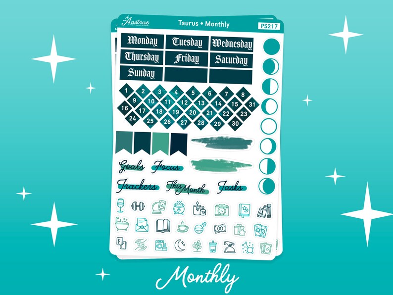 May include: A set of teal and green planner stickers with a monthly calendar, days of the week, and various icons. The stickers are designed for use in a planner or journal.