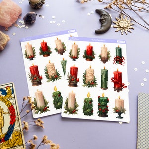 May include: Two sheets of stickers featuring Yule candles. The stickers are white with a purple border and the text "Yule Candles" printed in black. The stickers feature illustrations of candles decorated with holly and red ribbon.