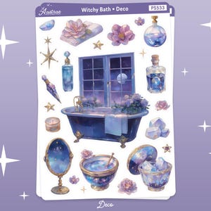 May include: A set of witchy bath and deco stickers featuring a bathtub with a starry sky, a window with a starry sky, a bottle of potion, a crystal, a star, a flower, and a mirror. The stickers are perfect for adding a touch of magic to your planner, journal, or scrapbook.