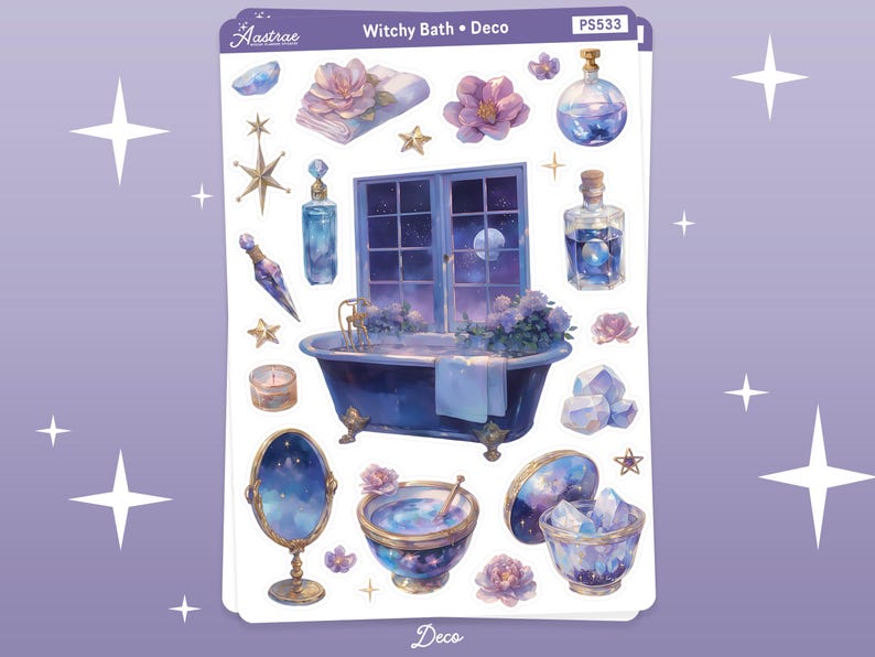 May include: A set of witchy bath and deco stickers featuring a bathtub with a starry sky, a window with a starry sky, a bottle of potion, a crystal, a star, a flower, and a mirror. The stickers are perfect for adding a touch of magic to your planner, journal, or scrapbook.