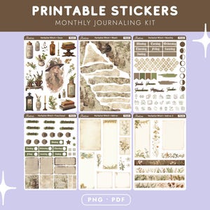 Witchy Bullet Journal Stickers Printable, Herbal Witch Planner Kit PNG PDF, Cottagecore Cricut Sticker Sheets US Letter