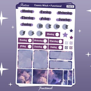 May include: A set of purple and white planner stickers with a cosmic witch theme. The stickers include days of the week, letters, and checkboxes. The stickers are printed on a white background with a purple and white galaxy design.